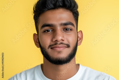 A studio close-up portrait of a young Indian or Pakistani man wearing a casual t-shirt, with a colourful background.