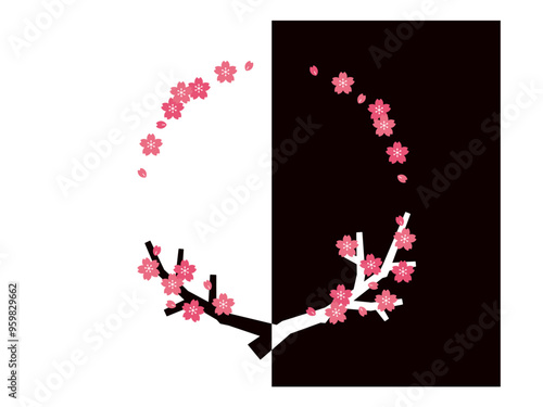 桜の花の飾り罫と、桜の木の円形フレーム＿白黒の背景イラスト＿シルエット