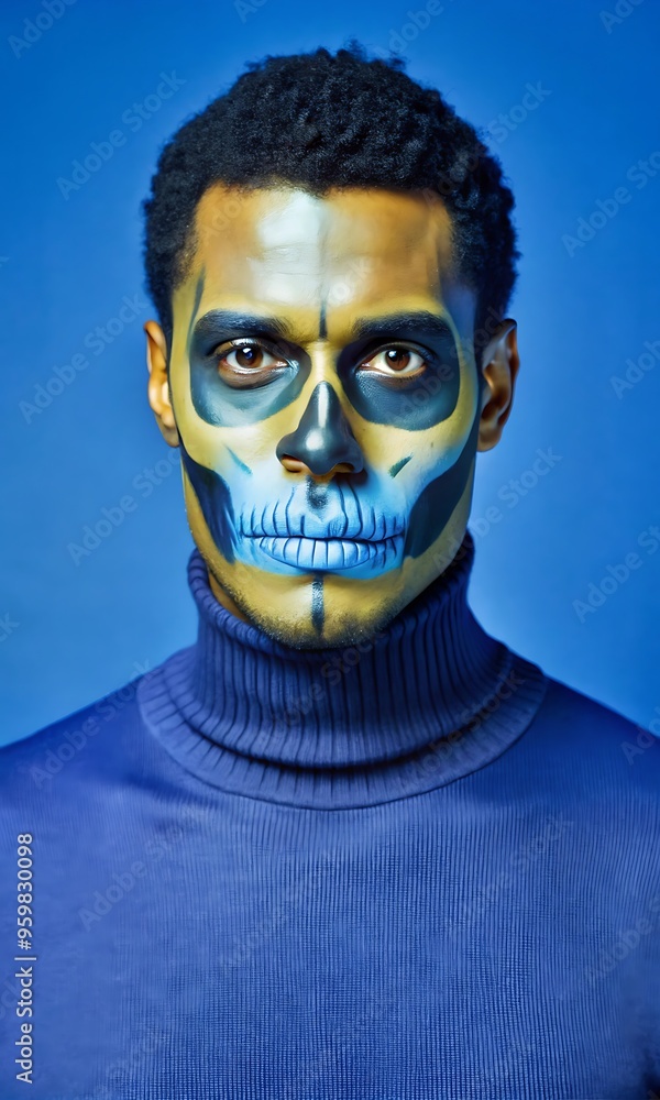 Studio Portrait of Black Male with Spooky Skeleton Face Paint, Detailed and Dramatic Studio Portrait of Black Male with Spooky Skeleton Face Paint, Detailed and Dramatic