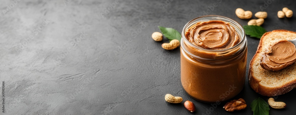 Jar of peanut butter with bread and peanuts on dark textured surface Jar of peanut butter with bread and peanuts on dark textured surface