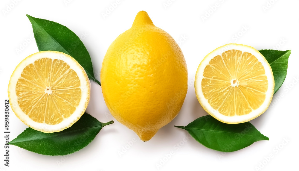 Whole and half sliced lemon with green leaves isolated on white background Whole and half sliced lemon with green leaves isolated on white background