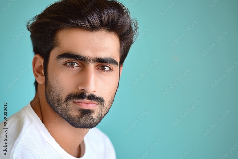 A studio close-up portrait of a young Indian or Pakistani man wearing a casual t-shirt, with a colourful background. A studio close-up portrait of a young Indian or Pakistani man wearing a casual t-shirt, with a colourful background.