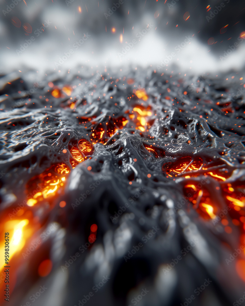 A black and orange lava field with fire and smoke A black and orange lava field with fire and smoke