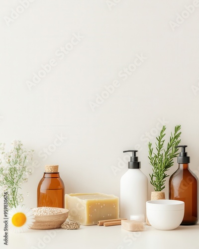 Natural skincare products with soap, bottles, herbs, and flowers on white background