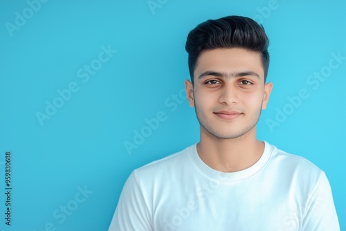 A studio close-up portrait of a young Indian or Pakistani man wearing a casual t-shirt, with a colourful background.