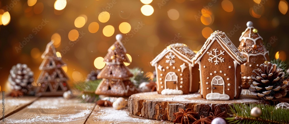 Weihnachtliche Lebkuchenhäuser, ein Dorf aus Lebkuchenhäuschen Weihnachtliche Lebkuchenhäuser, ein Dorf aus Lebkuchenhäuschen