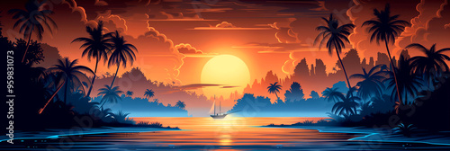 A beautiful sunset over a tropical beach with palm trees