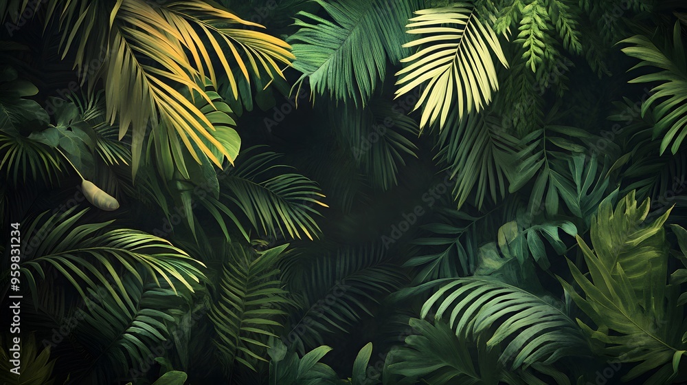 Fototapeta premium Lush tropical jungle with dense green foliage and exotic leaves on a dark background