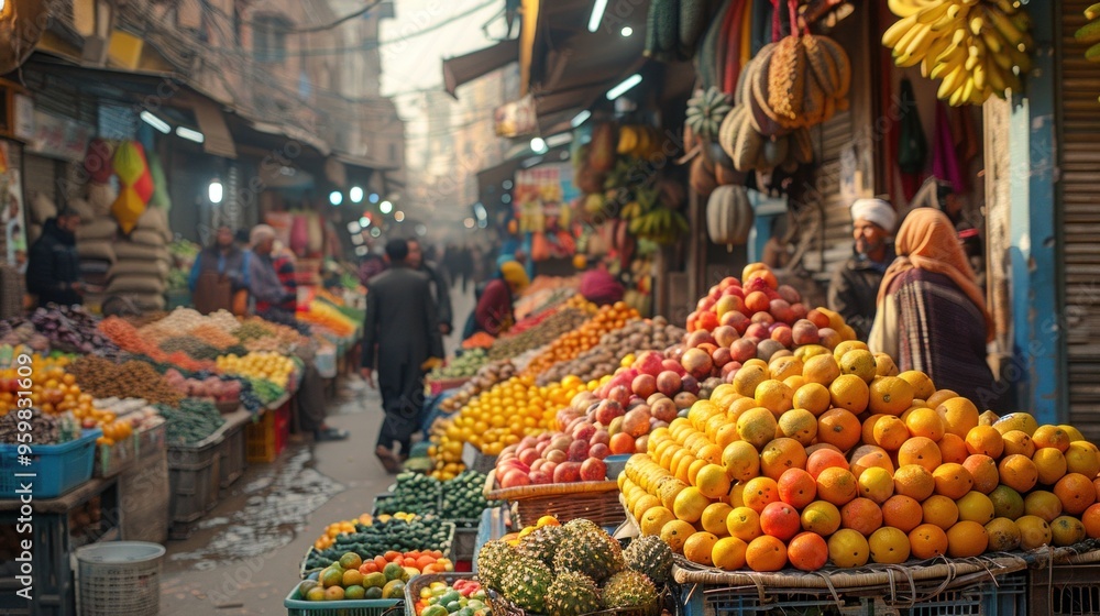 Obraz premium A busy market with a lot of fruit on display