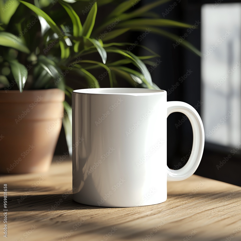 Blank white coffee mug on a wooden table with a plant in the background. Blank white coffee mug on a wooden table with a plant in the background.