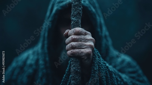 A close-up of an enigmatic robed figure, with a hand tightly clutching a textured wooden staff in a dark and mysterious environment, invoking thoughts of wisdom and adventure.