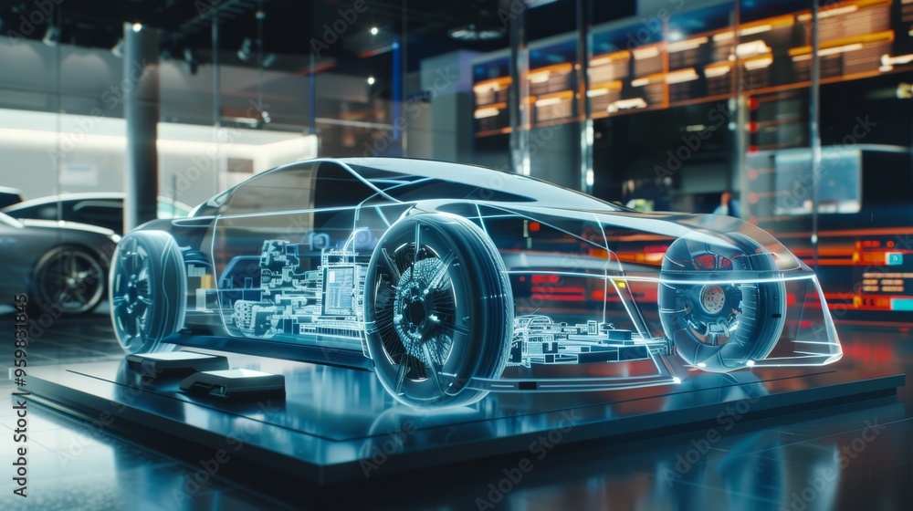 Fototapeta premium A futuristic transparent car model showcasing advanced engineering, illuminated in a high-tech display environment.