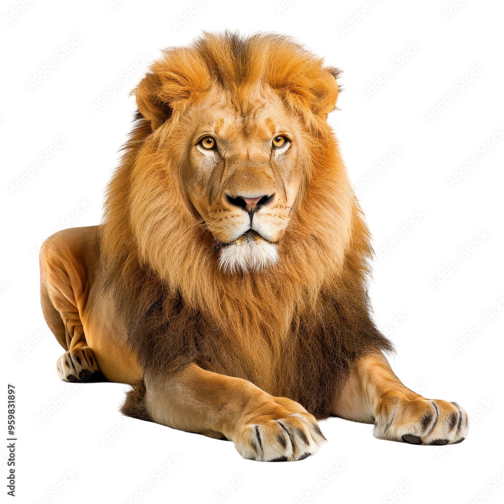 A lion is laying down on a white background A lion is laying down on a white background
