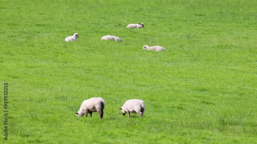 Sheep Grazing in Green Field Sheep Grazing in Green Field