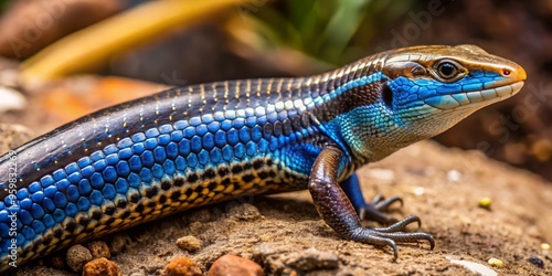 Close-up photograph of a blue-tailed skink with intricate scales and a shiny tail