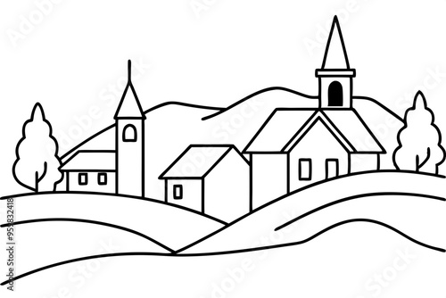 Village with church. Continuous one line art drawing style. Landscape of small country. Black linear sketch isolated on white background. Vector illustration