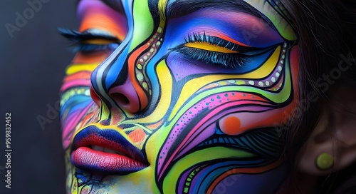 12. **Playful face art featuring exaggerated, cartoonish elements and vibrant, cheerful colors** photo