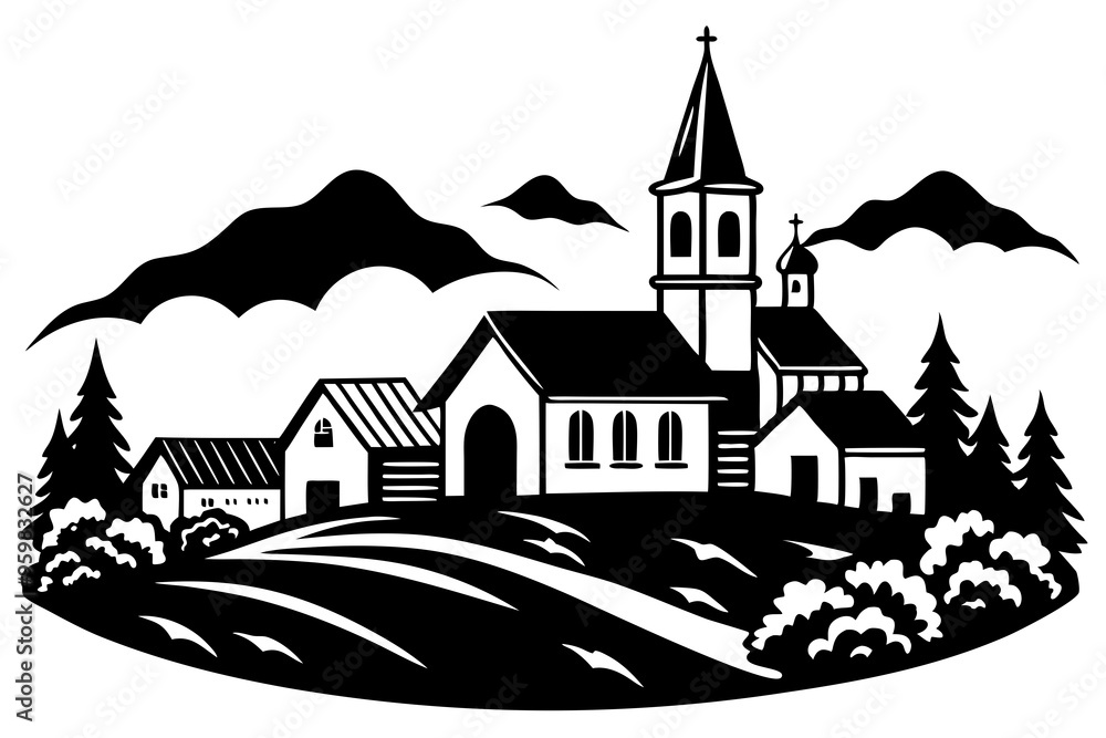 Naklejka premium Village with church. Continuous one line art drawing style. Landscape of small country. Black linear sketch isolated on white background. Vector illustration