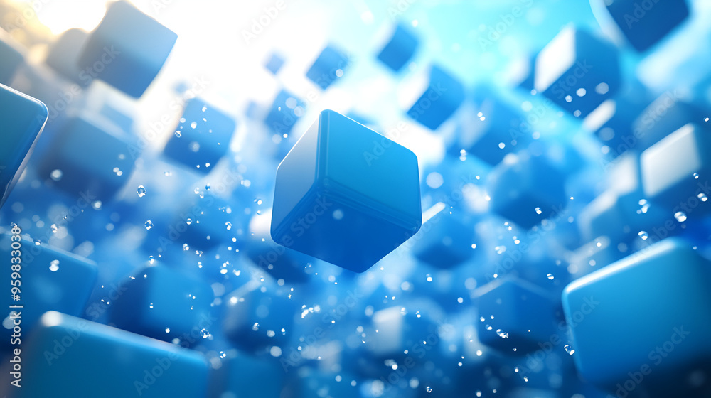 Floating blue cubes with a shimmering background create a vibrant digital environment reminiscent of technological innovation