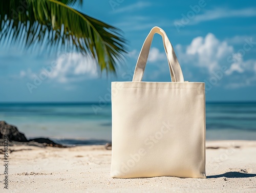 Blank canvas tote bag on sandy beach with palm tree and ocean in background.