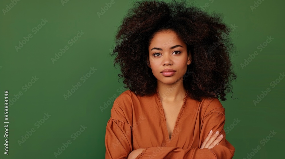Obraz premium Confident woman with voluminous hair wearing a vintage top, posing against a green background.