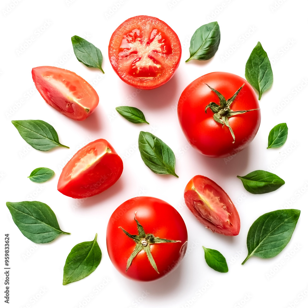 Fresh red tomatoes with slices and green leaves isolated on white background Fresh red tomatoes with slices and green leaves isolated on white background