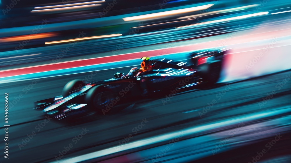 Fototapeta premium A sleek race car speeds past in a flurry of lights and smoke on a nighttime track, highlighting the raw power and excitement of motorsport.