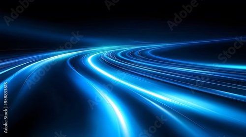 Dynamic blue light trails curve through a dark, futuristic landscape, creating a sense of speed and motion. The glowing streaks against the black background evoke themes of technology, innovation.