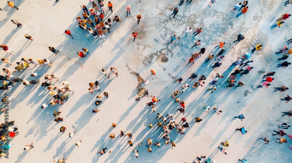 Obraz premium A drone captures a bustling crowd from above, showing people mingling and forming patterns on the concrete surface below.