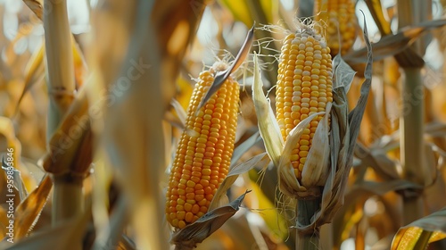 Close-up of yellow corn cobs in a field, with detailed kernels and husks, captured in high-definition with natural sunlight photo