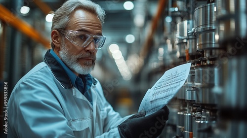 Focused Engineering: A seasoned engineer, clad in a white lab coat and protective eyewear, meticulously examines technical blueprints in a bustling industrial setting, showcasing the precision and ded photo