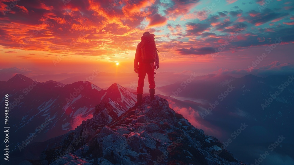 A man stands on a mountain top with a sunset in the background A man stands on a mountain top with a sunset in the background