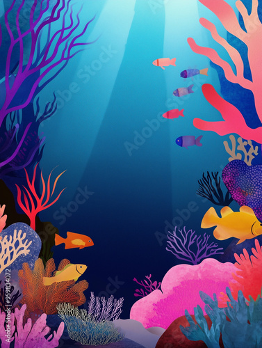 Underwater coral reef celebration with vibrant marine life, colorful corals, and serene ambiance. Empty copy space for text or branding. 