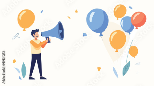 Communication or PR, Public Relations manager to communicate company information and media, announce sales or promotion concept, businessman holding speech bubble balloons while talking on megaphone.