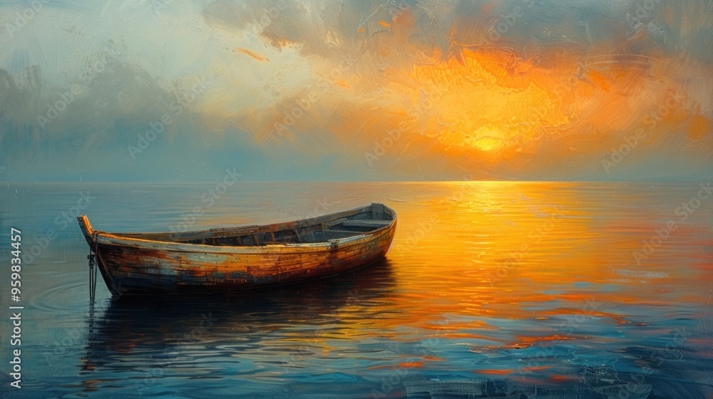 A boat is floating in the ocean with a beautiful sunset in the background A boat is floating in the ocean with a beautiful sunset in the background