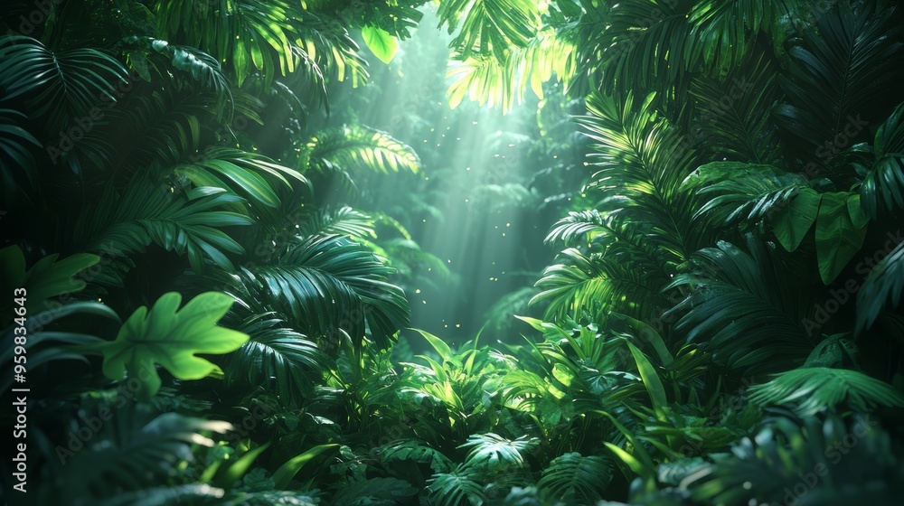 Lush Green Tropical Rainforest with Sunlight Breaking Through Canopy Lush Green Tropical Rainforest with Sunlight Breaking Through Canopy