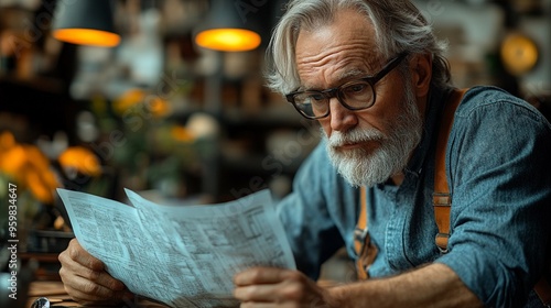 Focused Craftsman: An elderly man with a silver beard and glasses studies detailed blueprints, his weathered hands carefully tracing the lines. A warm, inviting light bathes the scene, highlighting hi photo