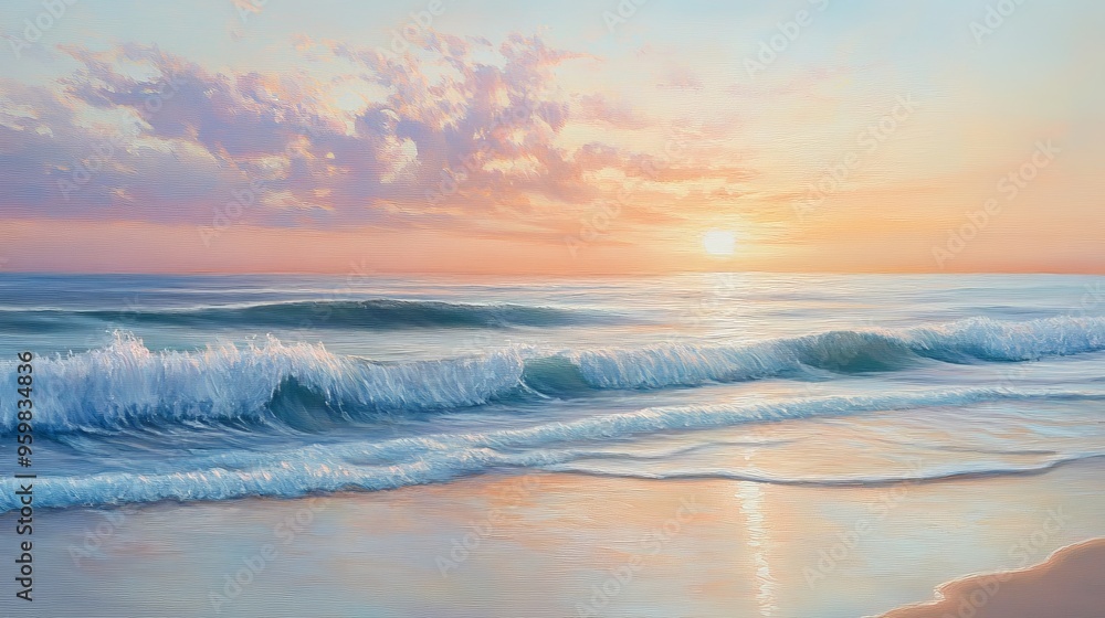 A serene beach scene at sunset, showcasing gentle waves and pastel-colored clouds reflecting on the tranquil ocean surface. A serene beach scene at sunset, showcasing gentle waves and pastel-colored clouds reflecting on the tranquil ocean surface.
