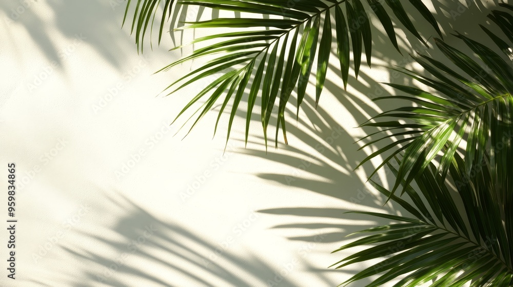 Naklejka premium A serene composition of palm leaves casting delicate shadows against a light wall, evoking a tropical ambiance.