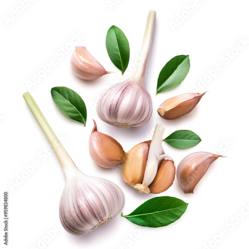 Garlic cloves with slices and green leaves isolated on white background