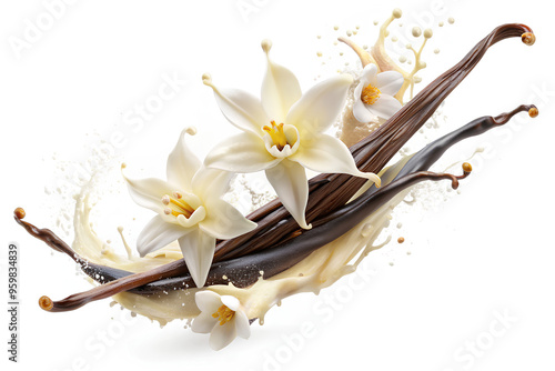 Flying Milk splash and pouring Dried vanilla sticks with vanilla flowers isolated on white background. clipping path