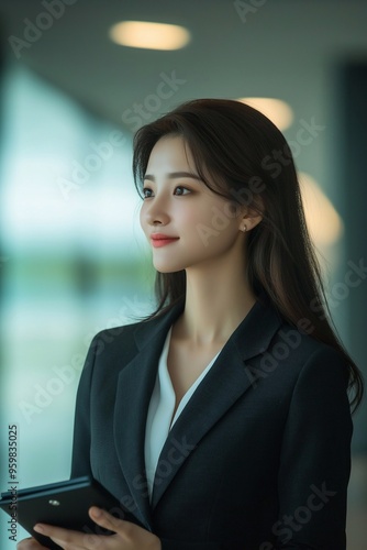 Happy young Korean professional business woman using tab standing in office. businesswoman manager female executive leader holding tab at work looking away dreaming of future successful career. Free Download Happy young Korean professional business woman using tab standing in office. businesswoman manager female executive leader holding tab at work looking away dreaming of future successful career. - GFXLoad