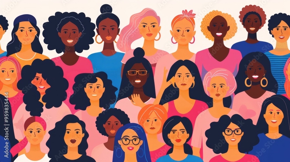 International Women's Day art. Illustration of diverse women representing unity, strength, and solidarity, suitable for a banner, poster, or background. International Women's Day art. Illustration of diverse women representing unity, strength, and solidarity, suitable for a banner, poster, or background.
