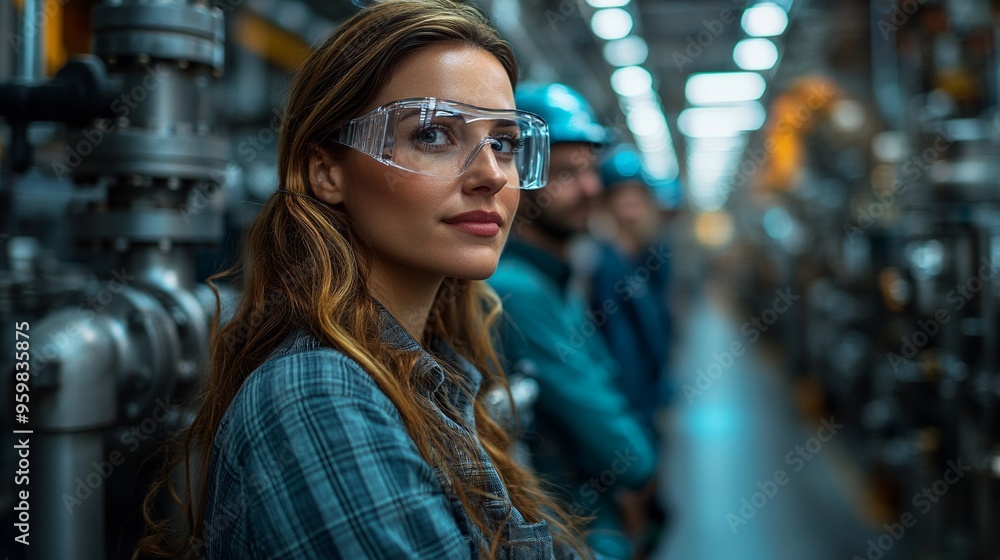 Confident Female Engineer in Industrial Setting: A young woman, wearing safety goggles and a blue work shirt, stands confidently in a factory setting, her gaze directed towards the camera, conveying a Confident Female Engineer in Industrial Setting: A young woman, wearing safety goggles and a blue work shirt, stands confidently in a factory setting, her gaze directed towards the camera, conveying a