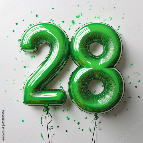 Green birthday / anniversary balloon, number 28, white background with confetti photo