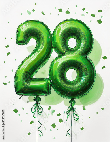 Green birthday / anniversary balloon, number 28, white background with confetti photo