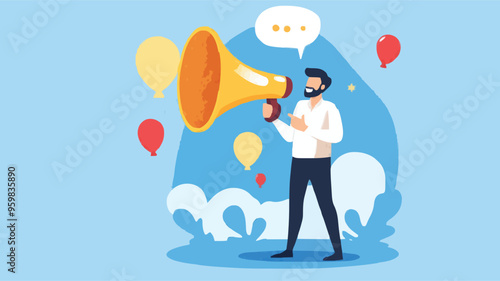 Communication or PR, Public Relations manager to communicate company information and media, announce sales or promotion concept, businessman holding speech bubble balloons while talking on megaphone.