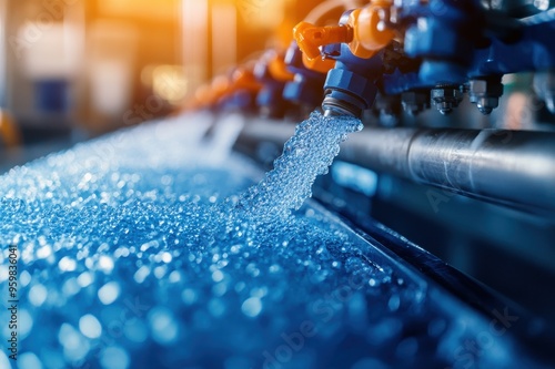 Close-up of water flowing from an industrial valve, showcasing droplets and vibrant blue hues in a modern facility. photo