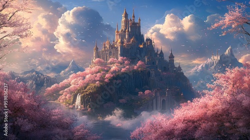 Painting a magical castle surrounded by cherry blossoms and majestic mountains under a vibrant sky, creating a serene fantasy landscape.