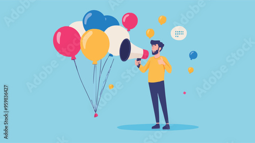 Communication or PR, Public Relations manager to communicate company information and media, announce sales or promotion concept, businessman holding speech bubble balloons while talking on megaphone.